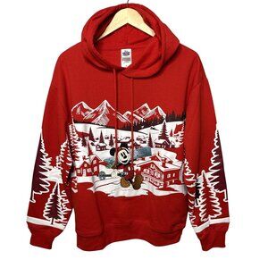 Disney Red Mickey Mouse Apres Ski Embroidered Graphic Hoodie Sweatshirt Size XL